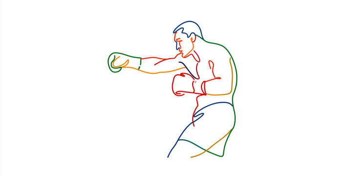 A vibrant line drawing illustration of a boxer throwing a punch. The boxer is depicted with multi-colored lines, emphasizing movement and energy