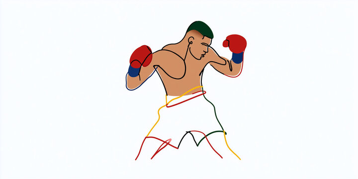 A stylized illustration of a boxer in a fighting stance, depicted with bold lines and vibrant colors