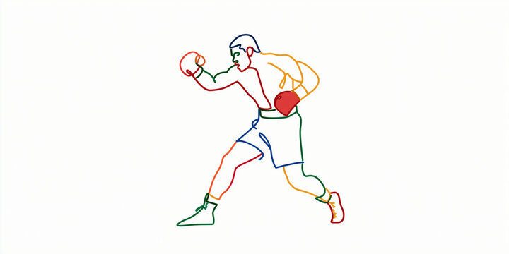 A boxer in motion, rendered in vibrant, multi-colored lines, punches forward with determination. The stylized illustration captures the dynamic energy of the sport.