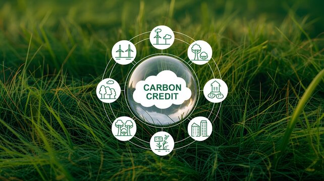 Carbon credit market concept with environmental protection icons and sustainable renewable energy symbols on green grass background