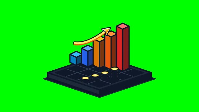 Clean 2.5D isometric vector animation of four rising 3D financial bar columns, stacked golden wealth coins, and a sweeping curved upward growth arrow with a crown achievement badge on a solid chroma g