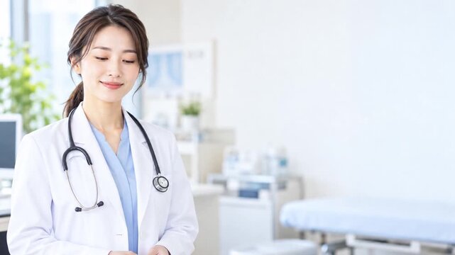 Smiling Japanese female doctor with stethoscope nodding reassuringly, copy space on right