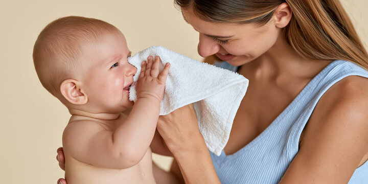 A mother gently wipes her baby's face with a soft cloth, creating a tender moment of care and connection