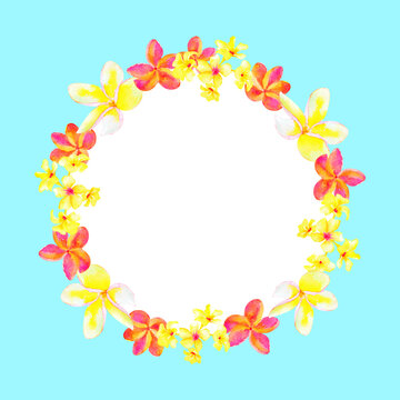 Watercolor plumeria wreath, tropical card, hand drawn illustration