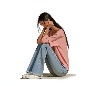 A young woman sits with her knees pulled to her chest, head bowed, and hands resting on her face, expressing a feeling of sadness or contemplation