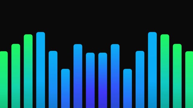 Vibrant blue and green vertical glowing bars represent dynamic audio sound wave frequency levels oscillating across the screen to visualize rhythmic musical patterns during a high energy