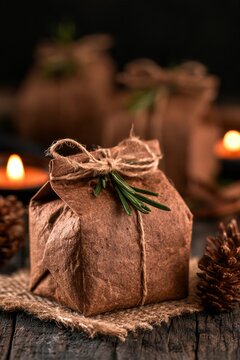 Rustic brown gift parcel tied with twine