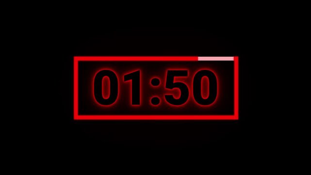 Red Neon 2 Minute Countdown Timer in 4K, Fast Two Minutes Countdown in 60 Seconds, Glowing Digital Timer Clock with 120 to 0 Seconds for Video Editing and Motion Graphics Projects