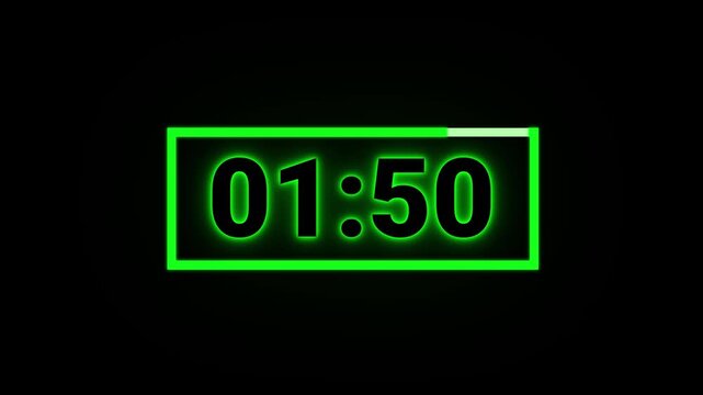 Green Neon 2 Minute Countdown Timer in 4K, Fast Two Minutes Countdown in 60 Seconds, Glowing Digital Timer Clock with 120 to 0 Seconds for Live Streaming and Broadcast Graphics