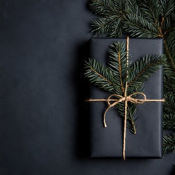 Dark gift box with evergreen sprig and twine