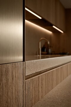 Minimal wood kitchen cabinets with concealed warm lighting