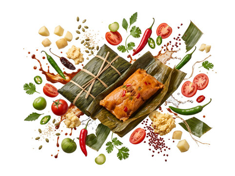 Guatemalan paches tamales wrapped in banana leaves isolated