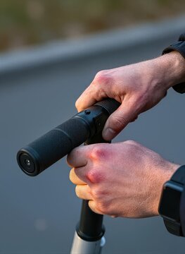 Captures Close Of Persons Hands Gripping Handle Scooter Individual To Right Handed As Left Hand Positioned On Scooters Stem Skin Tone