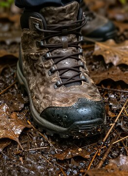 Captures Close View Of Single Hiking Boot Prominently Positioned In Foreground Rugged Used With Textured Leather Exterior Brownish Hue