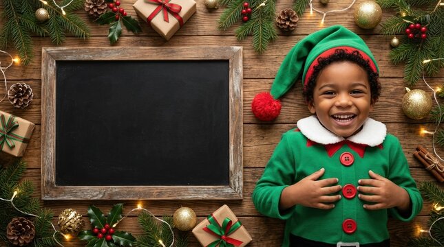 horizontal festive Christmas photo of joyful American African boy in Elf outfit, Christmas-themed flat-lay scene. perfect for Christmas greeting card or invitation design,ample space for text