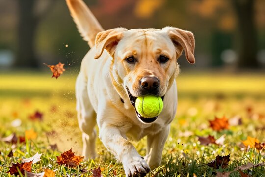 Captures Dynamic Moment Featuring Golden Labrador Retriever In Mid Stride Running Towards Camera With Bright Yellow Tennis Ball Firmly