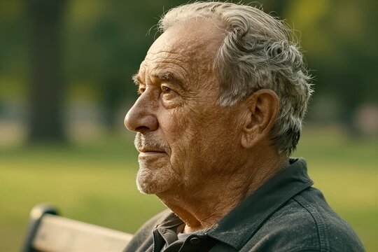 Captures Elderly Man Seated On Bench In Park Like Setting Complexion Fair With Signs Of Aging As Wrinkles Age Spots Hair Thinning