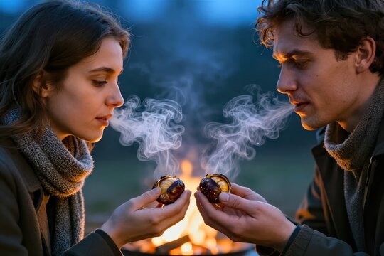 Captures Moment Two Individuals In Twenties Thirties Engaged Shared Experience Around Campfire Person On Left To Woman With Dark Hair
