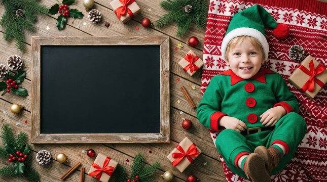 horizontal festive Christmas photo of joyful Caucasian boy in holiday Elf outfit within Christmas-themed flat-lay scene. perfect for Christmas greeting card or invitation design,ample space for text