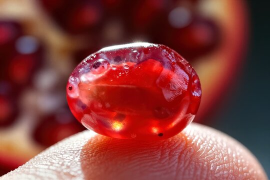 Close Of Human Finger Belonging To Adult With Translucent Red Slightly Glossy Object Resting On Tip Pomegranate Seed Captured In Moment