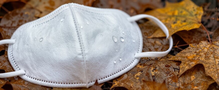 Showcases White Surgical Mask Resting On Bed Of Autumn Leaves To Made Soft Cotton Based Material With Seams Loop Earpiece For Wearing