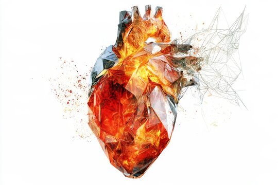Fiery anatomical heart with smoke on white