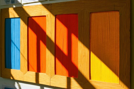Colorful geometric wall panels with diagonal shadows