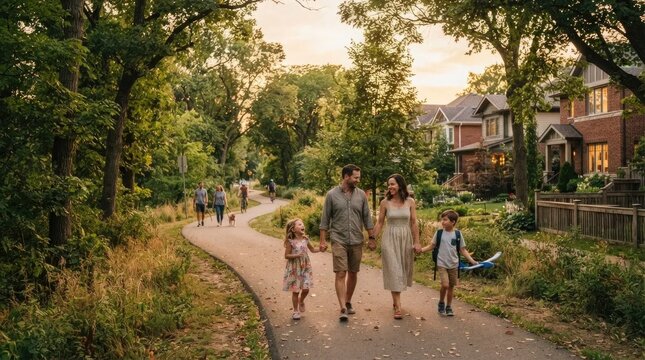 Happy family walking outdoors on suburban path near home, parents with children enjoying summer evening stroll together, residential neighborhood street, authentic lifestyle moment, warm golden hour