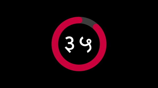 40-second Devanagari countdown with crimson red progress ring on black background. Progress ring decreases as seconds pass. Hindi, Sanskrit, and Indian script-inspired. 4K Motion Graphics