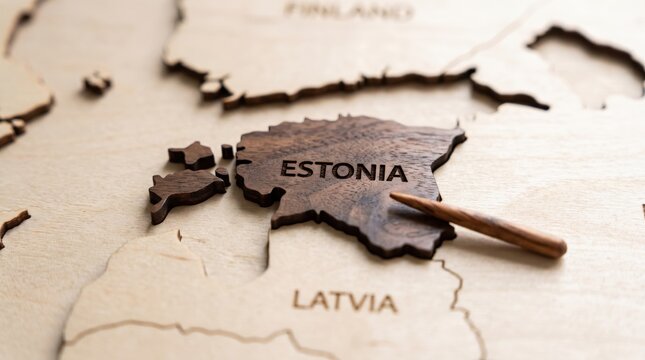 Wooden map of Estonia with a pointer tool indicating the country on a rustic craft background.