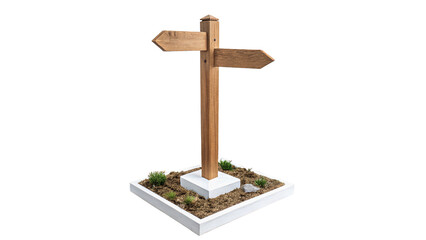 Wooden directional signpost with two arrows on square grass base isolated on white background © Archie