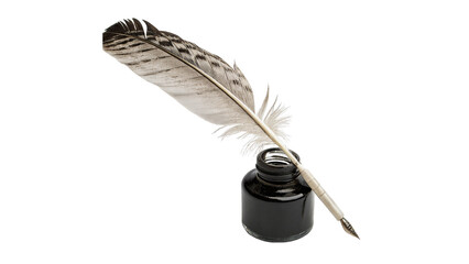 Vintage feather quill pen standing inside dark inkwell isolated on white background © Archie