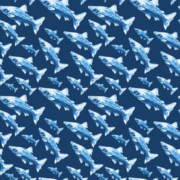 Blue fish seamless watercolor pattern 