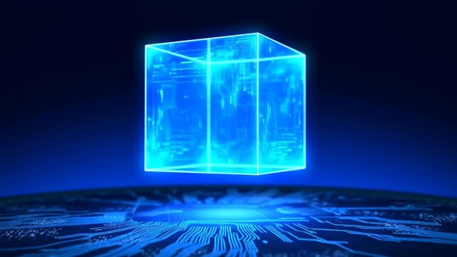 Slow motion hovering holographic cube rising above illuminated circuit board in futuristic dark technology environment