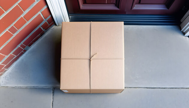 The image shows a cardboard box lying on the ground in front of a red door. the box appears to be empty and is tied with a string. the door is made of