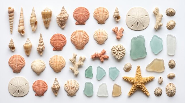 Flat lay collection of beautiful sea shells and starfish on white background