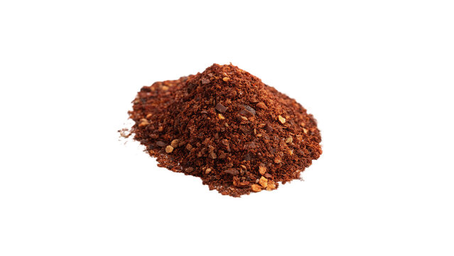 A heap of ground roasted coffee powder mixture with chocolate pieces isolated on white background