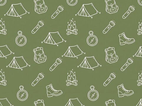 A charming hand-drawn pattern featuring camping essentials like tents, backpacks, flashlights, compasses, and boots on a muted green background.