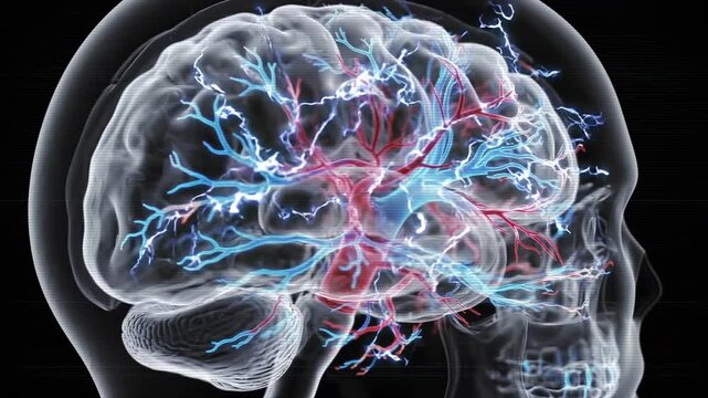 Anatomical visualization of human brain activity with glowing neural pathways and blood vessels.