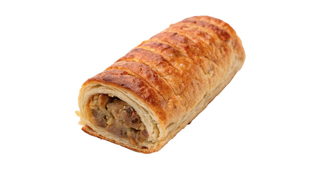 Freshly baked golden brown puff pastry sausage roll savory snack, isolated on transparent background.