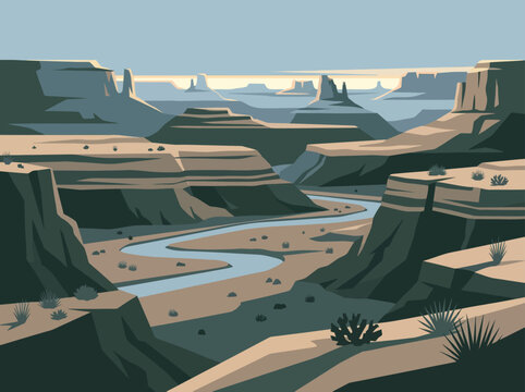 Stylized flat vector illustration of a winding river canyon with layered mesas, desert scrub, and distant rock formations under a clear sky