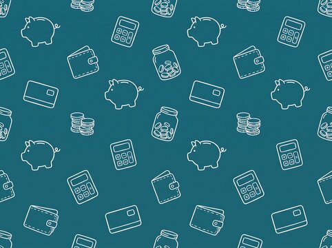 A repeating pattern of financial icons including piggy banks, wallets, credit cards, jars of coins, and calculators on a teal background.