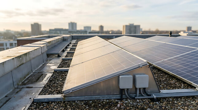 Solar panels installed on a modern rooftop to generate clean and renewable energy in an urban setting