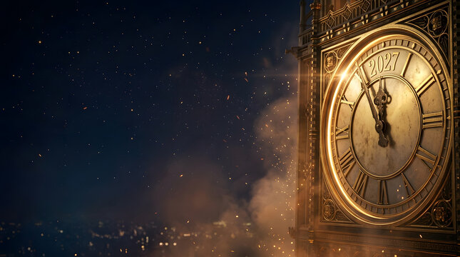 Spectacular new year 2027 celebration with golden clock tower fireworks and a dark blue festive background for elegant party invitations and luxurious