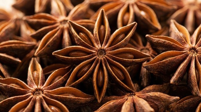 Star anise spices forming aromatic pattern with dark brown wooden texture for culinary ingredients and seasoning.