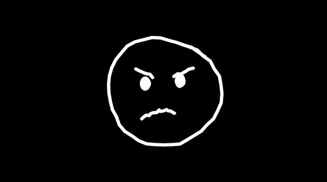 White sketchy angry face drawing appearing on black background featuring sketchy lines and minimalist vector art style