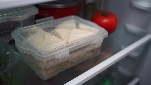 Food stored in a fridge with sandwiches and tomato on the shelf