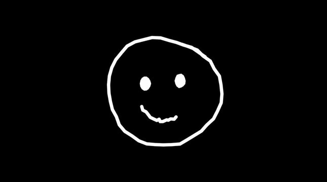 Simple white doodle smiling face drawing appearing progressively on a minimalist dark black background screen