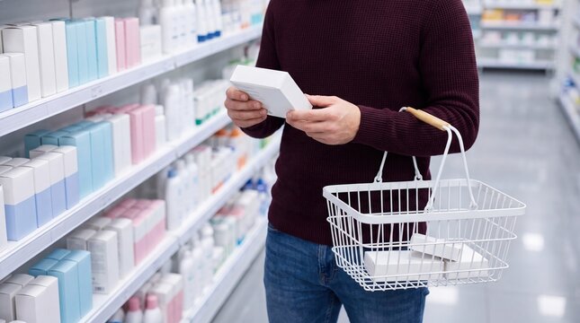 A middle-aged person in a burgundy sweater reads a product box while holding a white shopping basket in a pharmacy aisle lined with colorful medication packages.