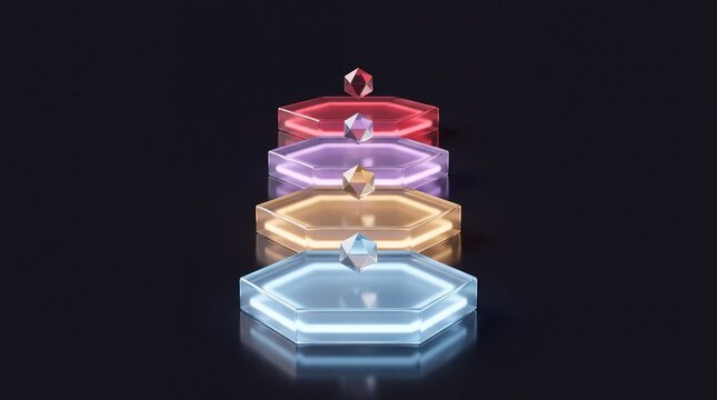 Glowing hexagonal platforms in a row with floating geometric crystals above each, futuristic, digital, abstract science, technology, or gaming.